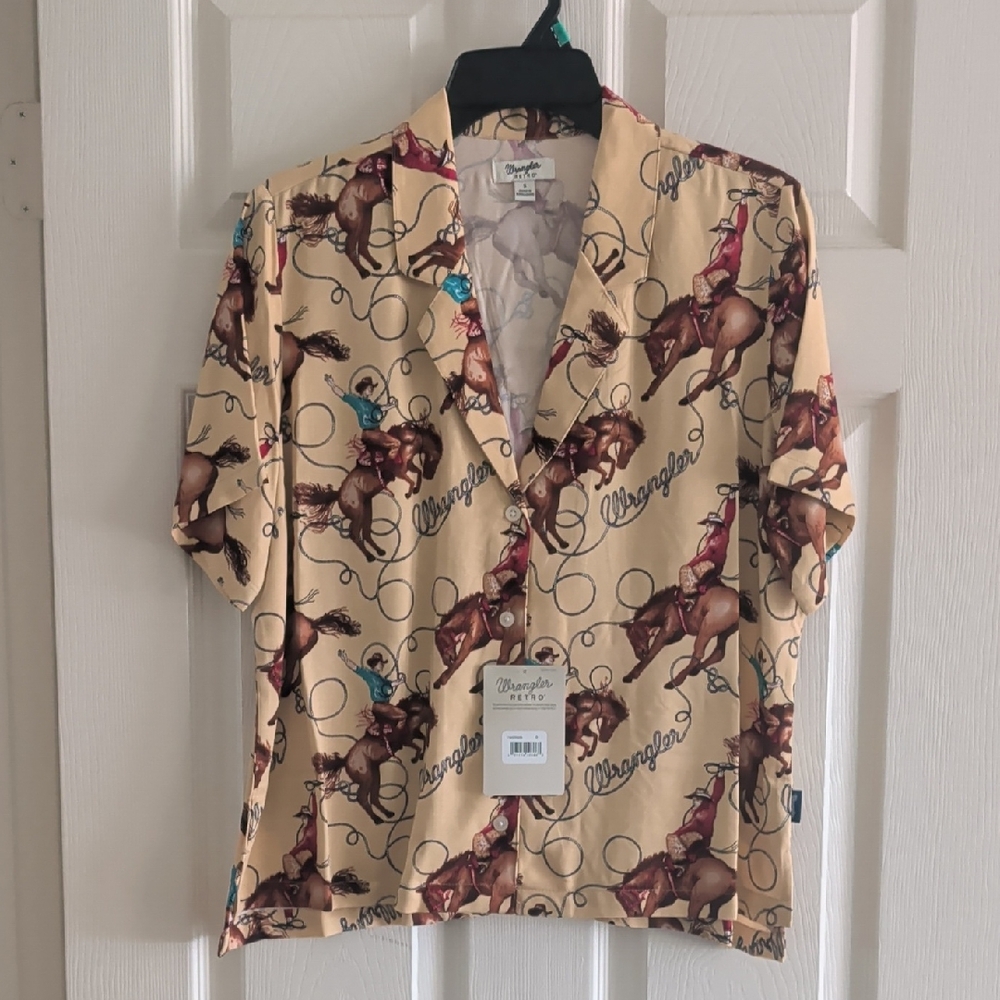 Wrangler Women's Cowboy Print Shirt - Cream and Brown Size S NWT